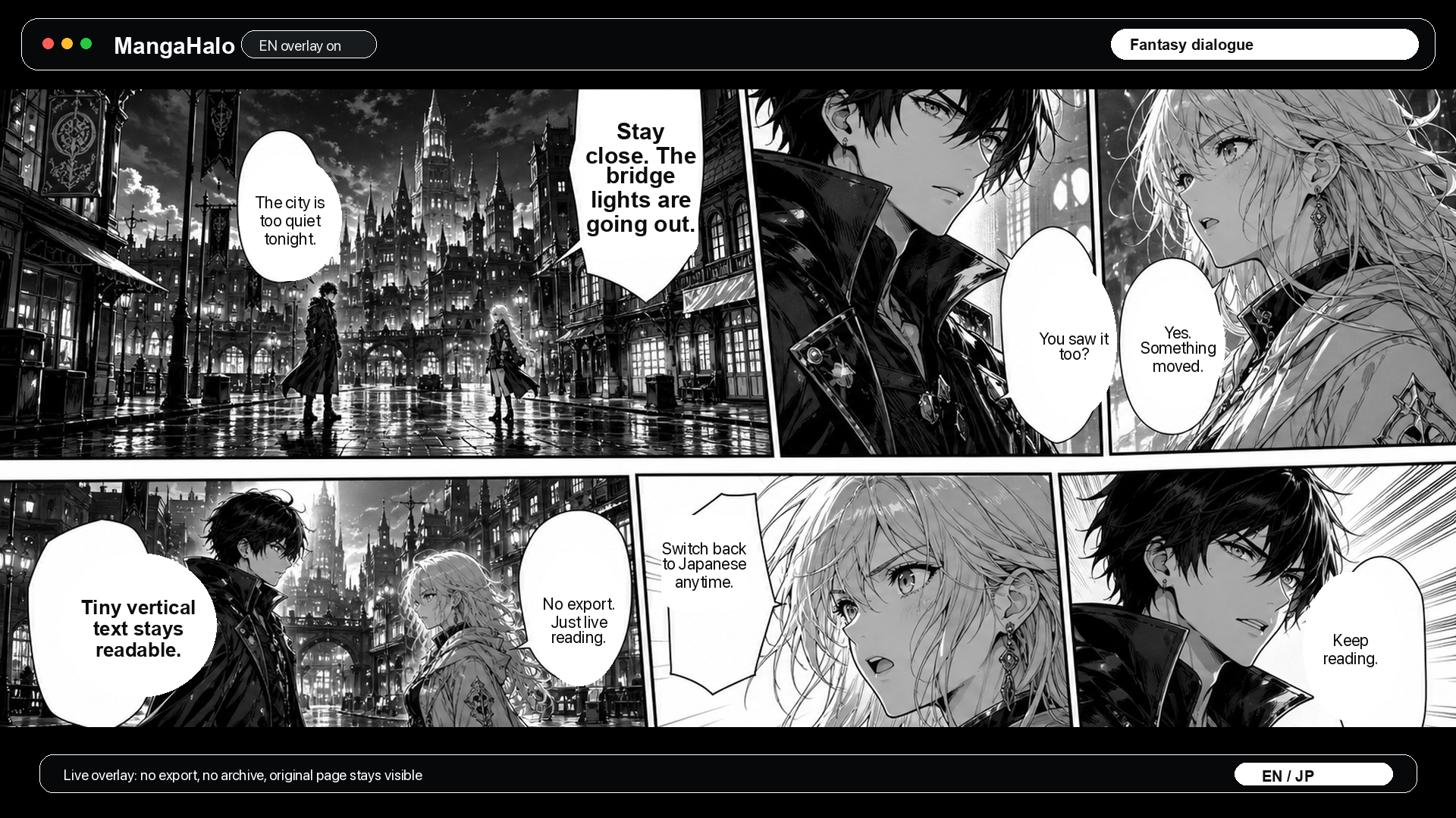 Original fantasy manga-style page with MangaHalo English overlay inside speech bubbles