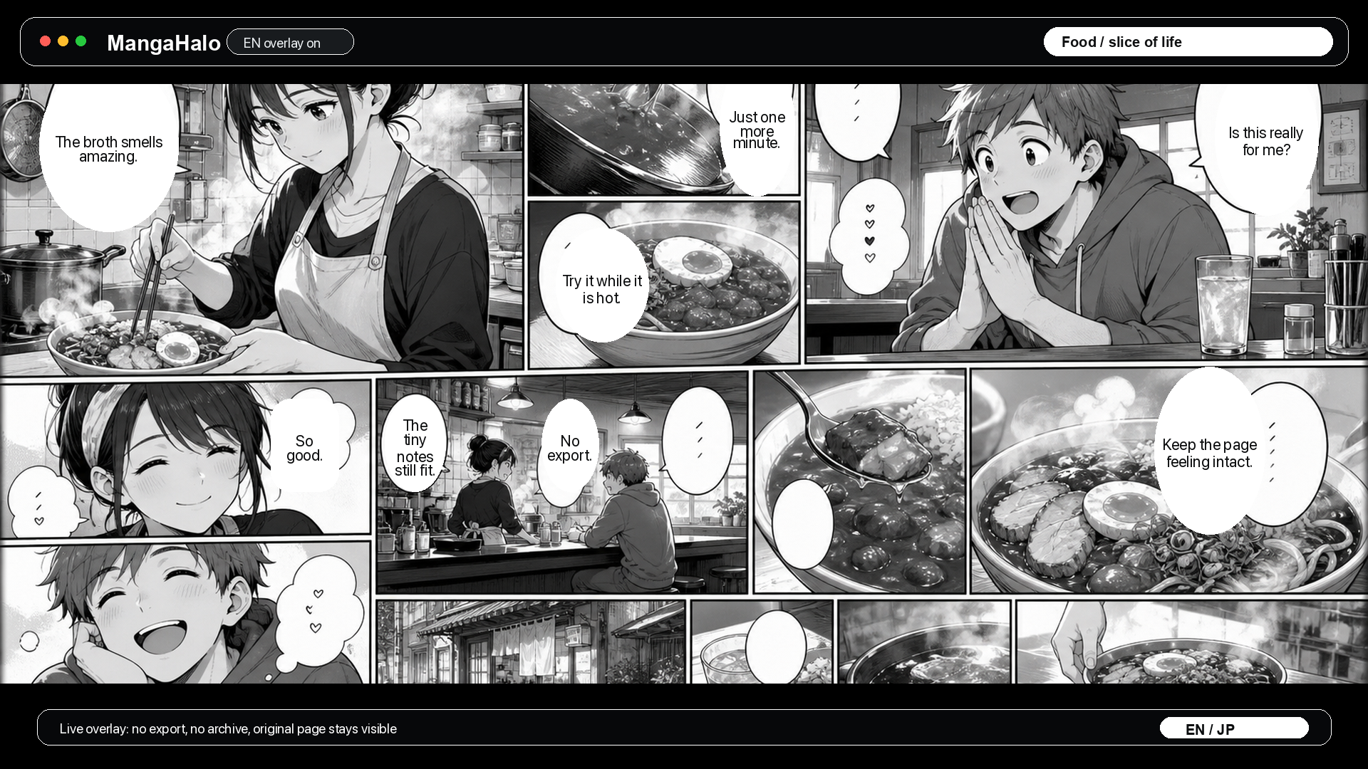 Original food slice-of-life manga-style page with MangaHalo English overlay inside speech bubbles