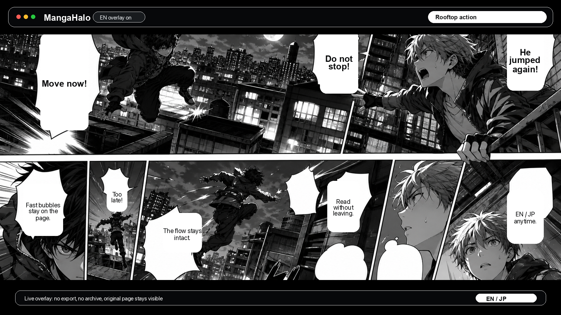 Original rooftop action manga-style page with MangaHalo English overlay inside speech bubbles