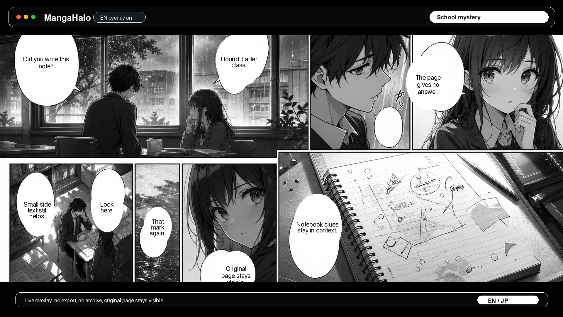 Original school mystery manga-style page with MangaHalo English overlay inside speech bubbles