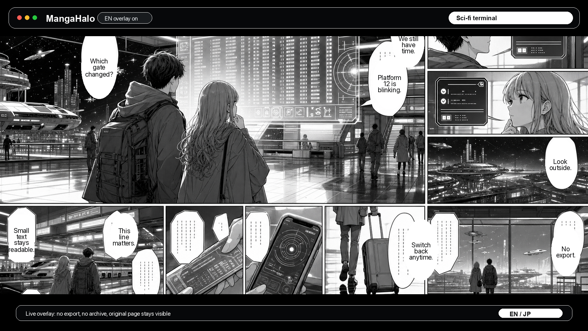 Original sci-fi terminal manga-style page with MangaHalo English overlay inside speech bubbles
